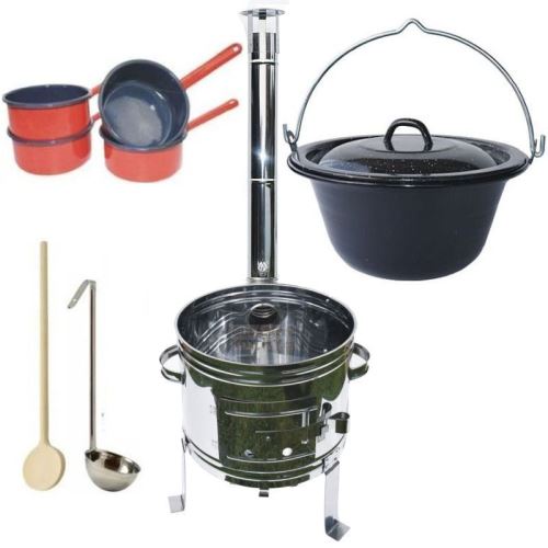 Kotlíkový set Párty Full, nerezová kotlina 45 cm a smaltovaný kotlík 25 L s príslušenstvom