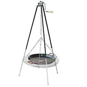 Trojnožka teleskopická s kladkou 1,8 ms grilovacím roštom 60 cm a paella panvíc 55 cm z leštenej ocele na varenie nad ohňom