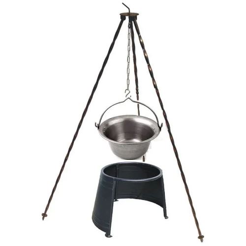 Set: Trojnožka 1,25 m, železný gulášový kotlík 15 la závetrie plameňa (Ø 33 cm)