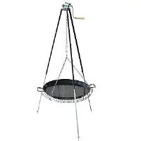 Trojnožka teleskopická s kladkou 1,8 ms grilovacím roštom 70 cm a smaltovanou paella panvicou 65 cm na varenie nad ohňom