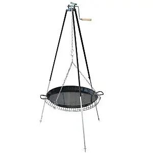 Trojnožka teleskopická s kladkou 1,8 ms grilovacím roštom 70 cm a smaltovanou paella panvicou 65 cm na varenie nad ohňom