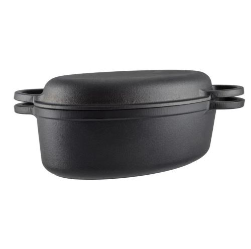 Extra veľký liatinový pekáč 2v1 oválny 7,5 l (37,5 cm) s írskymi ušami – multifunkčný set s panvicou