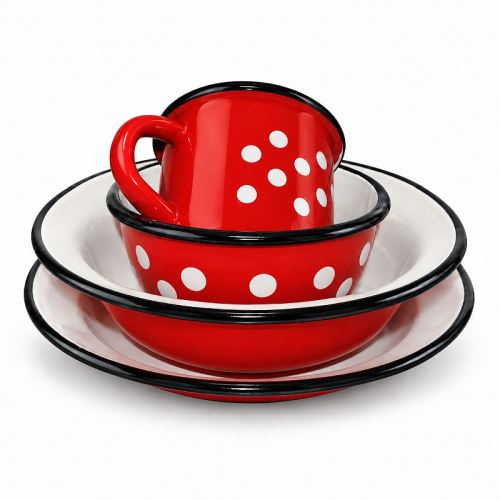 Smaltovaná jedálenská súprava červená – set tanierov, misky a hrnčeka (retro štýl)