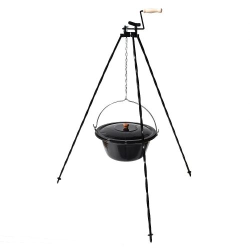 Gulášový set: Trojnožka 1,25 ms kladkou a smaltovaný outdoorový kotlík 22 ls pokrievkou na oheň