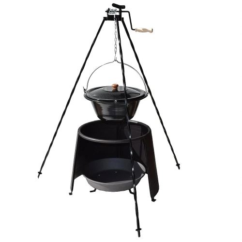 Gulášový set: Trojnožka 1,25 ms kladkou, smaltovaný outdoorový kotlík 8 ls pokrievkou, ohnisko a závetrie