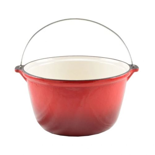 Kotlík litinový, smaltovaný červený 4 L s pevným nerezovým uchem na zavěšení.