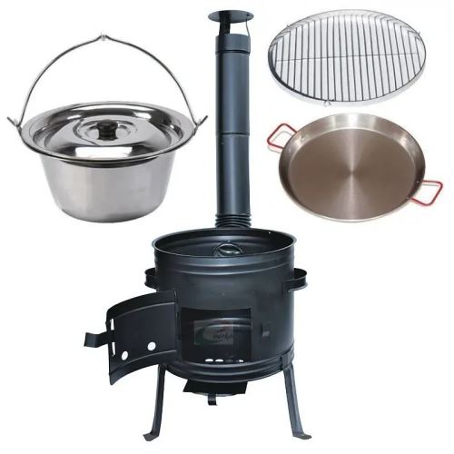 Kotlíkový set Párty 3 v 1, čierna kotlina 45 cm a nerezový kotlík 30 L Lux 1,2 mm s pokrievkou