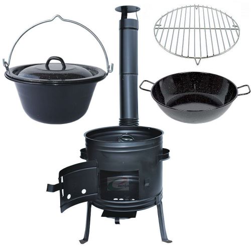 Kotlíkový set Párty 3 v 1, čierna kotlina 42 cm a smaltovaný kotlík 22 L s pokrievkou a hlboká panvica