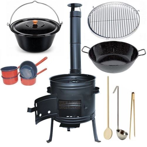 Kotlíkový set Párty 3 v 1 45 cm a smaltovaný kotlík 25 L s pokrievkou a hlbokou panvicou a príslušenstvom