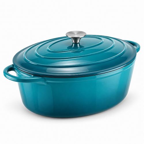Pekáč liatinový tyrkysovo smaltovaný 6,5 L, 34 cm s liatinovou pokrievkou a nerezovým madlom