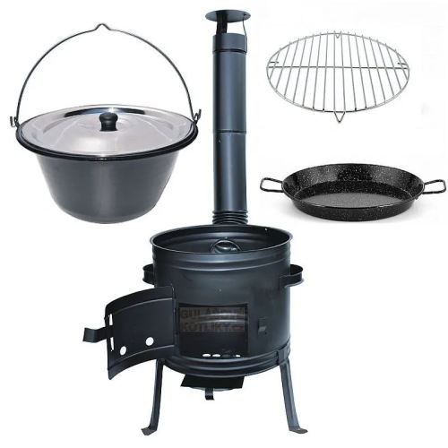 Kotlíkový set Párty 3 v 1, čierna kotlina 39 cm a smaltovaný kotlík 14 L s nerezovou pokrievkou
