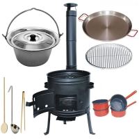 Kotlíkový set Párty 3 v 1, čierna kotlina 45 cm a nerezový kotlík 30 L Lux 1,2 mm s pokrievkou a príslušenstvom