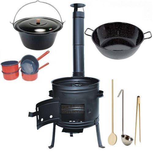 Kotlíkový set Párty 2 v 1, kotlina 45 cm a smaltovaný kotlík 25 L s pokrievkou, hlbokou panvicou a príslušenstvom