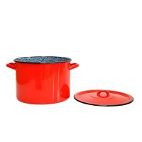 Smaltovaný hrniec s pokrievkou 1,25 l – červeno-sivý, retro design (1)