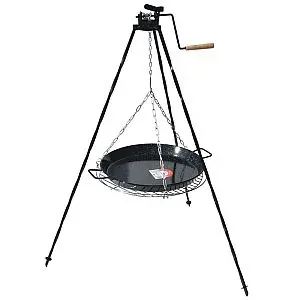 Grilovací set: Čierna oceľová trojnožka 1,25 ms kladkou, grilovací rošt 50 cm a smaltovaná Paella panvica 42 cm