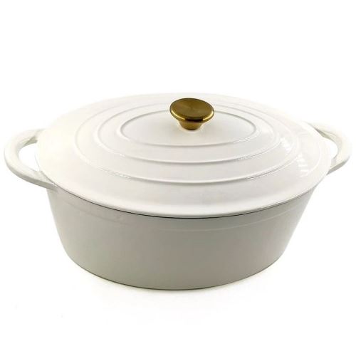 Pekáč oválny liatinový smaltovaný 4,2 l (30 cm) biely sen zlatým madlerm na pokrievke