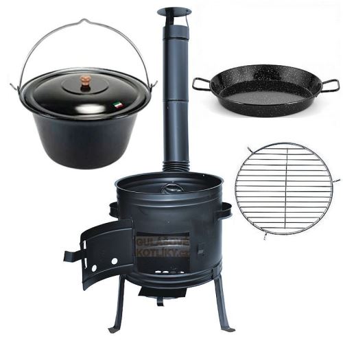 Kotlíkový set Párty 3 v 1, čierna kotlina 36 cm a smaltovaný kotlík 10 L s pokrievkou