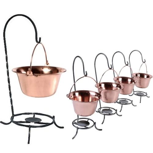 set stojan s medeným kotlíkom 4 L súprava 4 kusov medených kotlíkov na stojančekoch