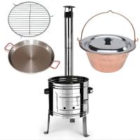 Kotlíkový set Párty Echo 3 v 1, nerezová kotlina 39 cm medený kotlík 14 L s nerezovou pokrievkou, paella panvica a grilovací rošt