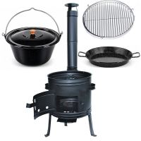 Kotlíkový set Párty 3 v 1, čierna kotlina 45 cm a smaltovaný kotlík 25 L s pokrievkou