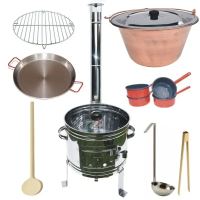 Kotlíkový set Párty Echo 3 v 1, nerezová kotlina 39 cm medený kotlík 14 L s nerezovou pokrievkou, paella panvica a grilovací rošt s príslušenstvom