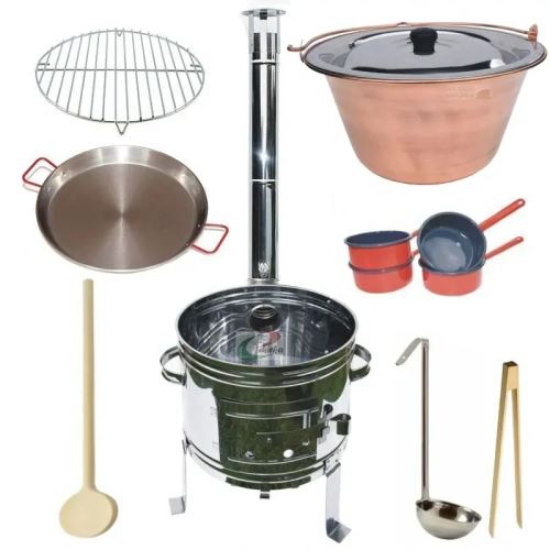 Kotlíkový set Párty Echo 3 v 1, nerezová kotlina 39 cm medený kotlík 14 L s nerezovou pokrievkou, paella panvica a grilovací rošt s príslušenstvom
