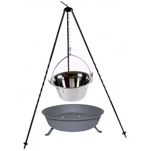 Kompletný set trojnožka 1 m, nerezový kotlík 6 ls pokrievkou a prenosné ohnisko Klasik